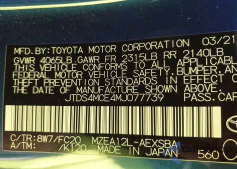 2021 Toyota Corolla Se from USA, damaged, VIN JTDS4MCE4MJ077739